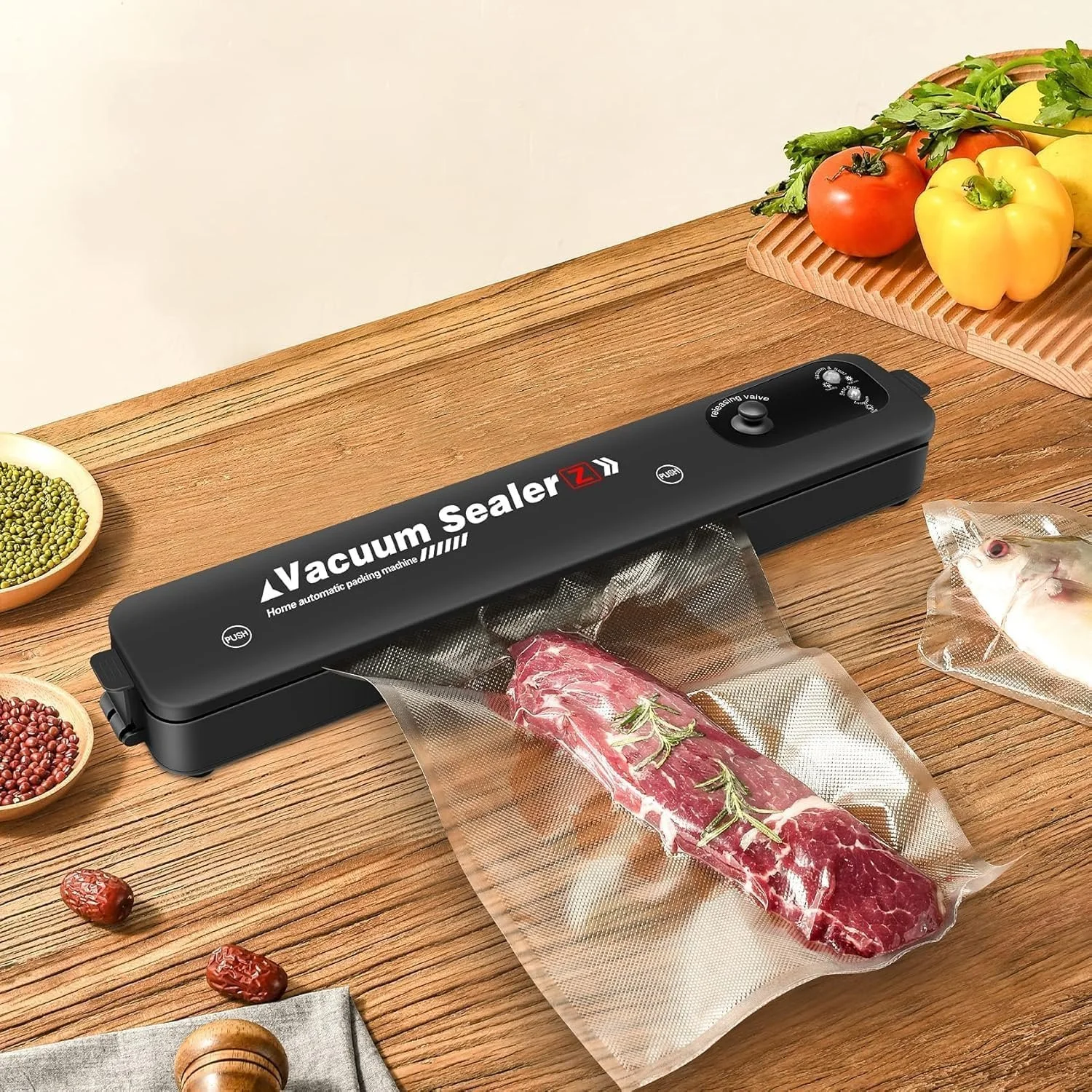 Vacuum sealer and bags on an RV kitchen counter