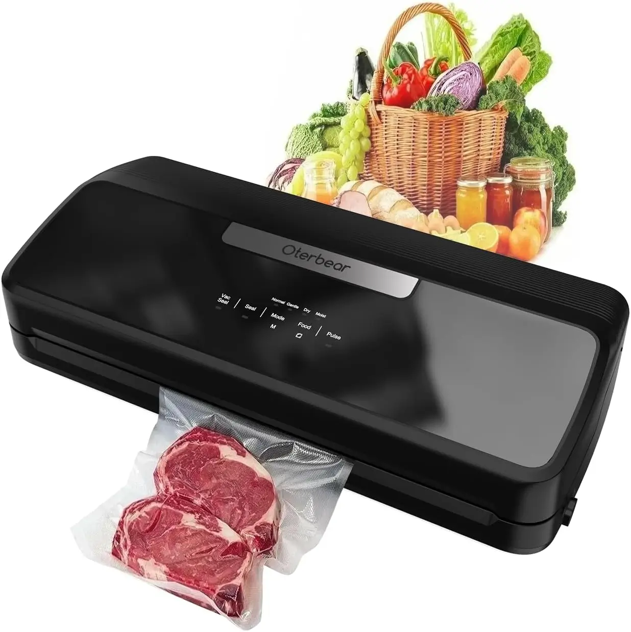 Vacuum-sealed meal prep containers and bags on a kitchen counter